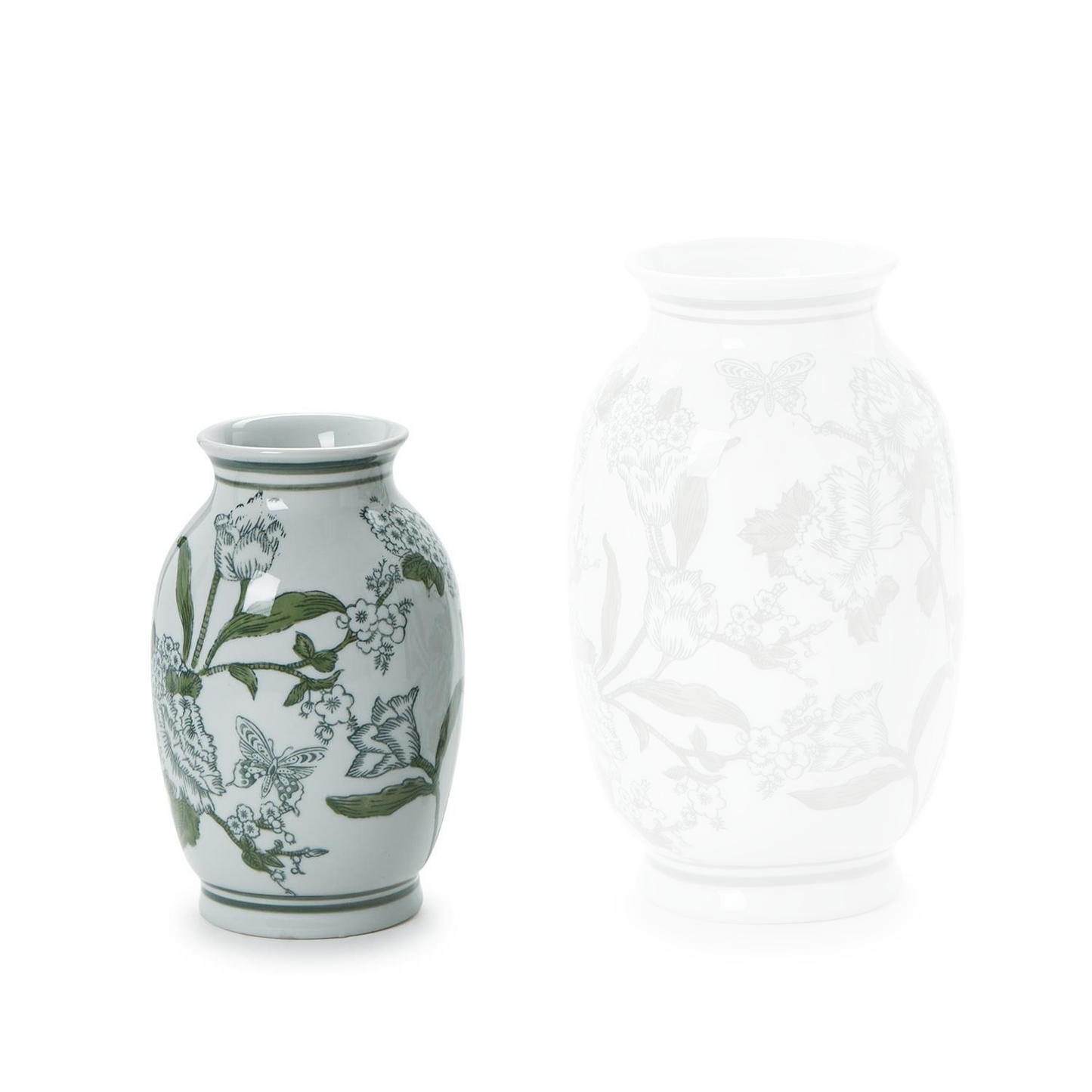 Primrose and Lotus Hand-Painted Green and White Chinoiserie Vases