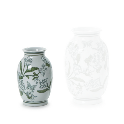 Primrose and Lotus Hand-Painted Green and White Chinoiserie Vases
