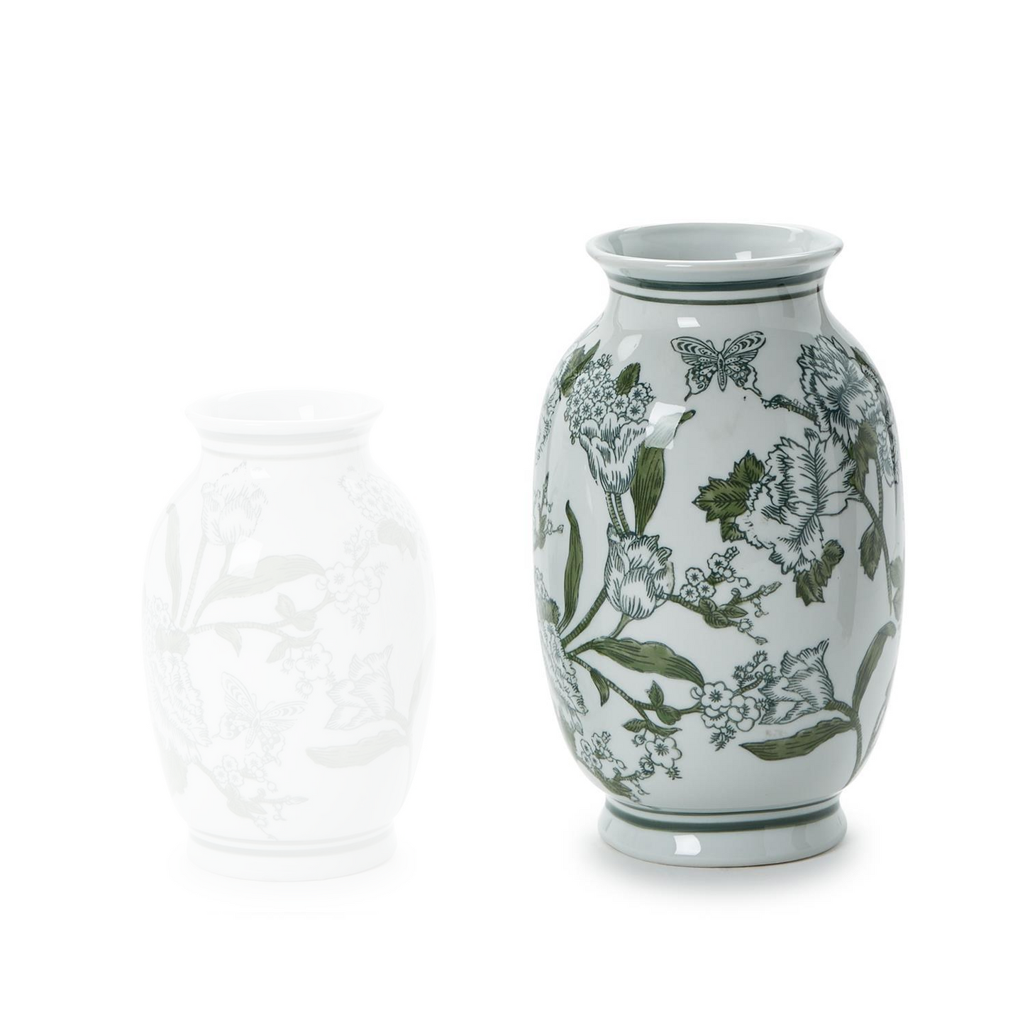 Primrose and Lotus Hand-Painted Green and White Chinoiserie Vases