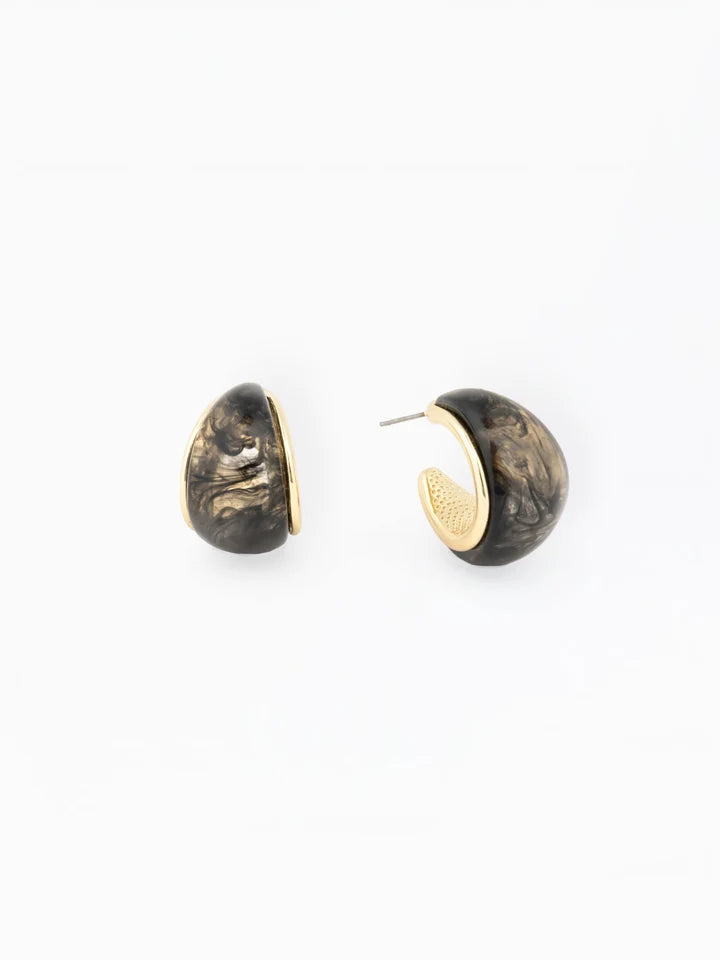 A pair of gold and black marbled hoop earrings shown from both front and side angles on a plain white background.