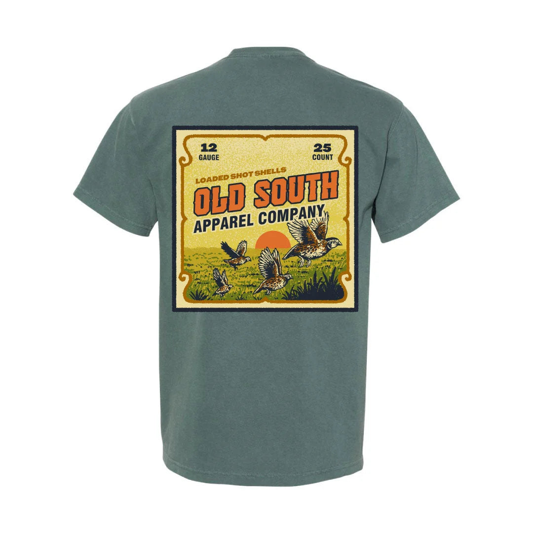 Old South Apparel Vintage Shotgun Shell Box short sleeve tee in Blue Spruce with a front pocket logo and hand-drawn vintage hunting graphic on the back.