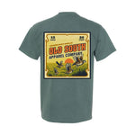 Old South Apparel Vintage Shotgun Shell Box short sleeve tee in Blue Spruce with a front pocket logo and hand-drawn vintage hunting graphic on the back.