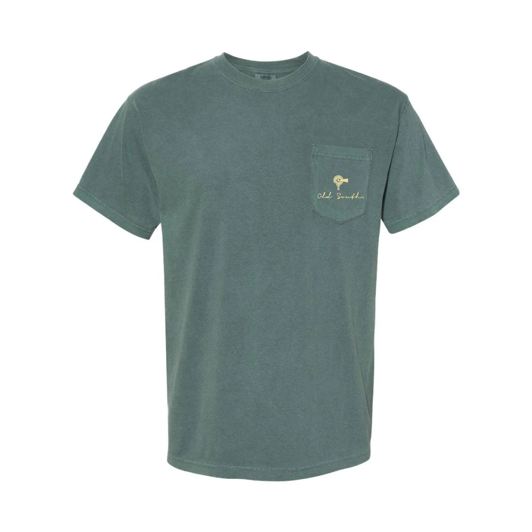 Old South Apparel Vintage Shotgun Shell Box short sleeve tee in Blue Spruce with a front pocket logo and hand-drawn vintage hunting graphic on the back.