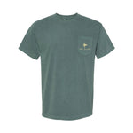 Old South Apparel Vintage Shotgun Shell Box short sleeve tee in Blue Spruce with a front pocket logo and hand-drawn vintage hunting graphic on the back.