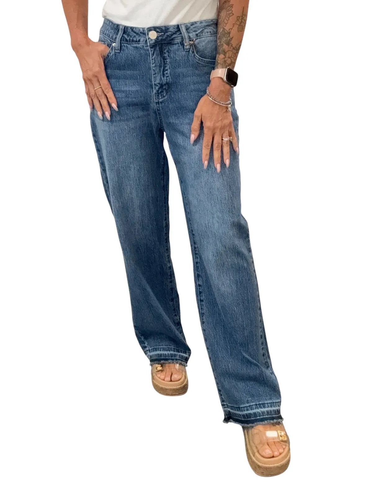 Royalty For Me women’s high-rise wide-leg jeans featuring a raw hem, classic five-pocket denim styling, and a relaxed wide-leg silhouette.