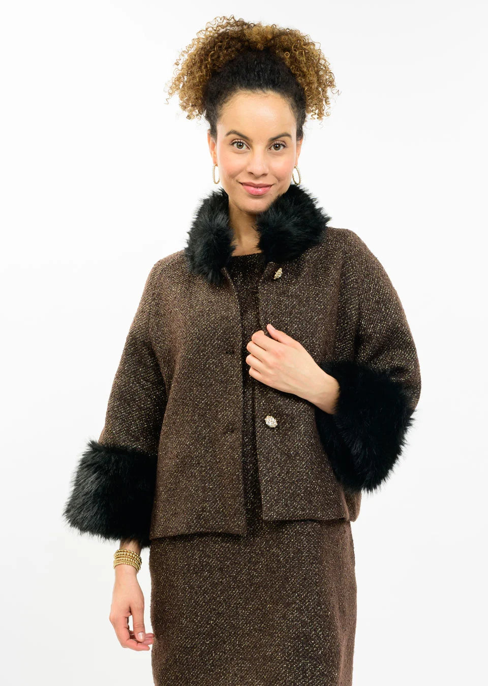 Sparkle Tweed Fur Trim Jacket | Ivy Jane