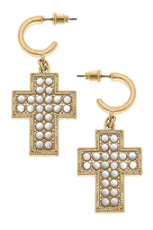 Abigail Pearl Cross Drop Hoops