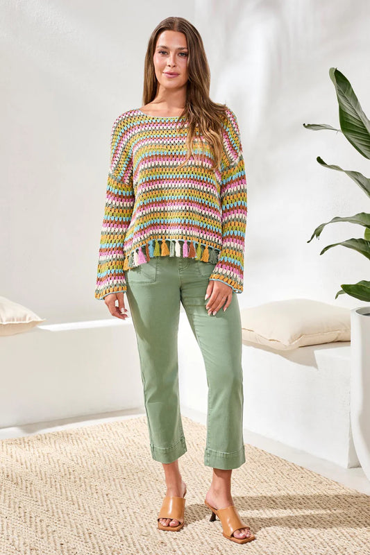 Multicolor Crochet Bell Sleeve Sweater With Tassels