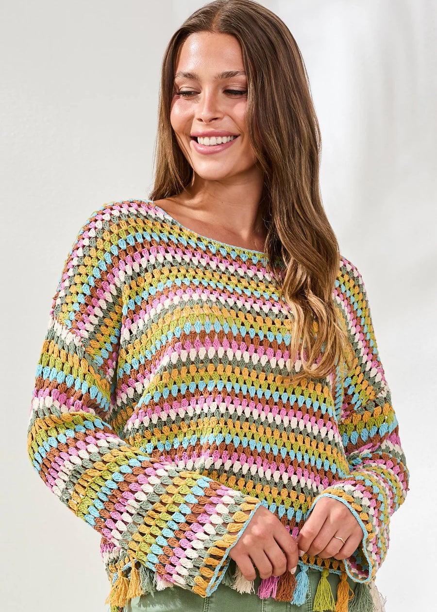 Multicolor Crochet Bell Sleeve Sweater With Tassels