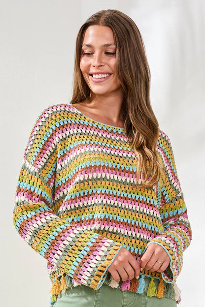 Multicolor Crochet Bell Sleeve Sweater With Tassels