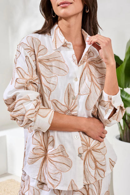 Embroidered Crosshatch Button Front Blouse