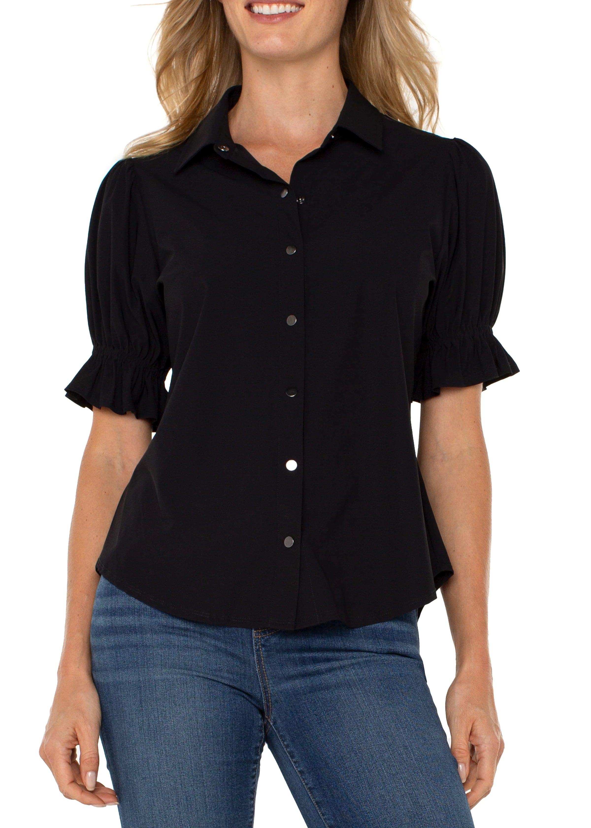 Snap Front Elbow Puff Sleeve Knit Shirt | Liverpool