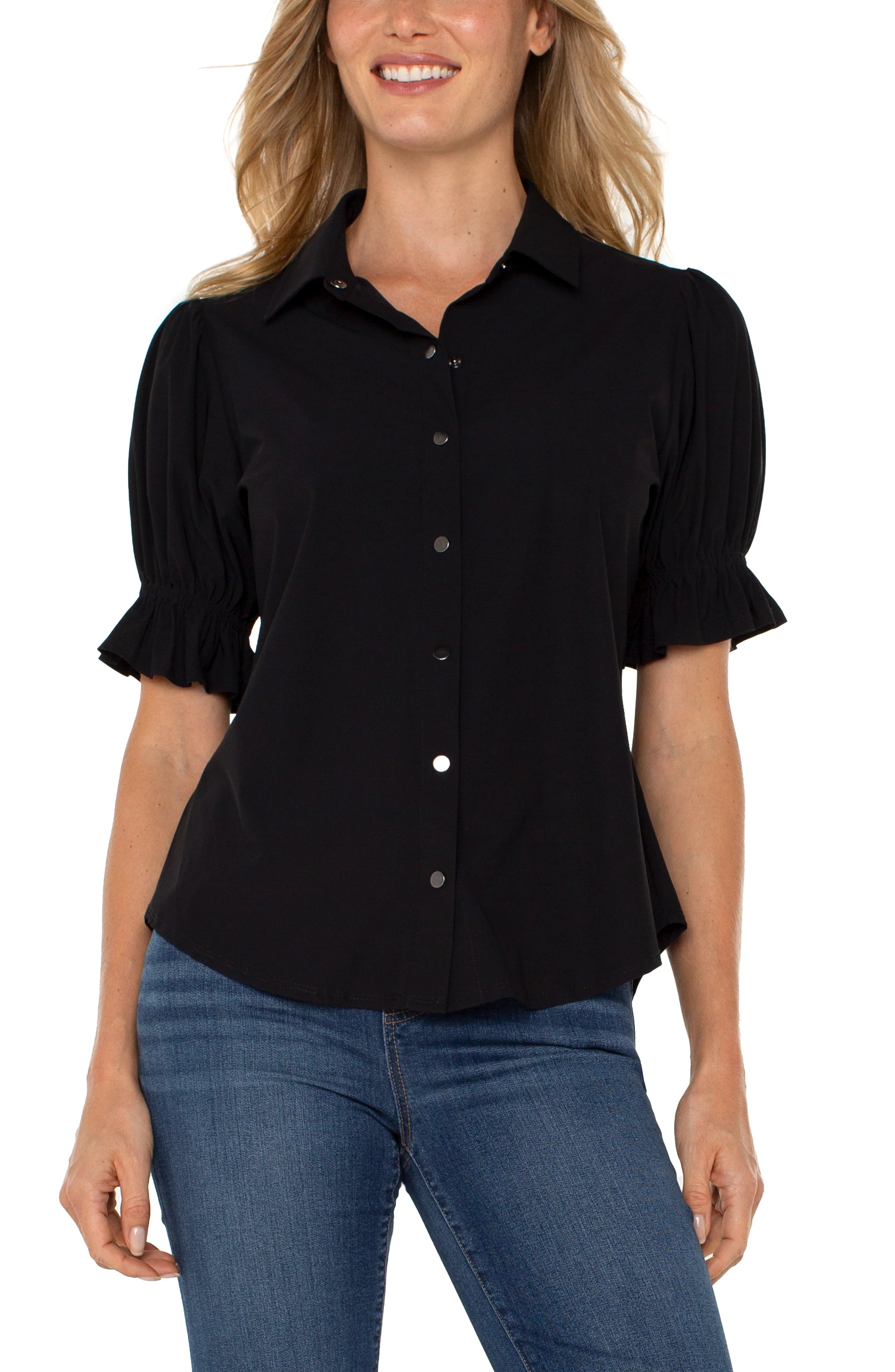 Snap Front Elbow Puff Sleeve Knit Shirt | Liverpool