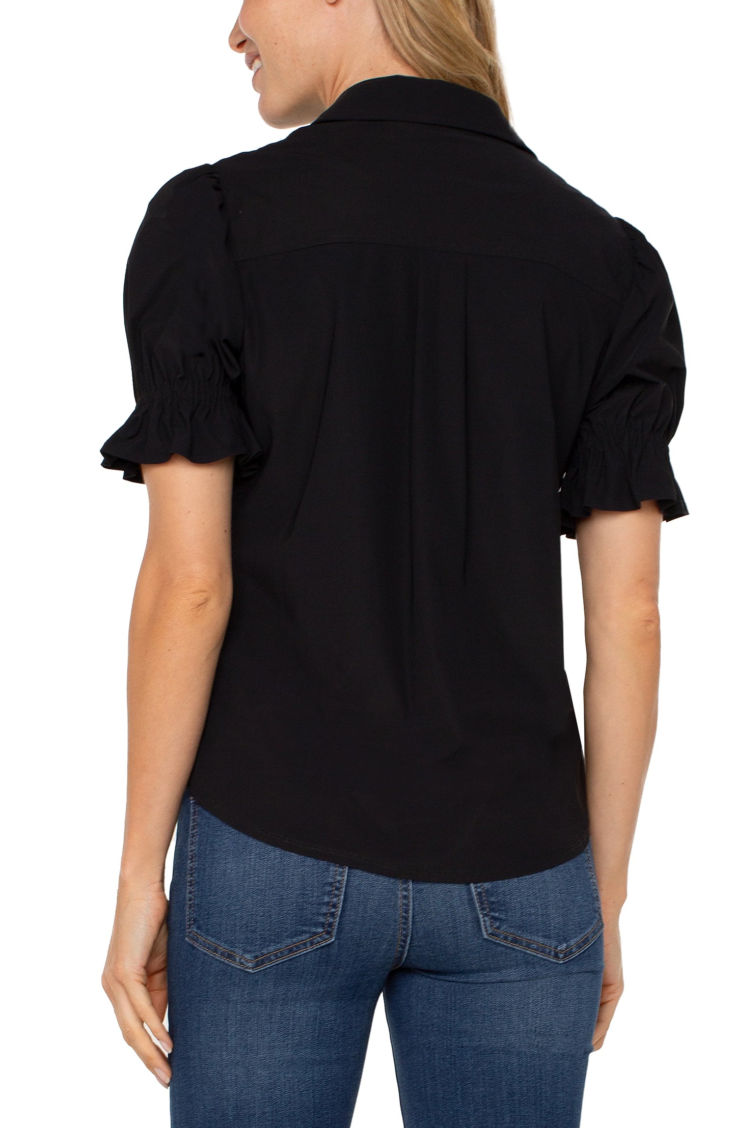 Snap Front Elbow Puff Sleeve Knit Shirt | Liverpool
