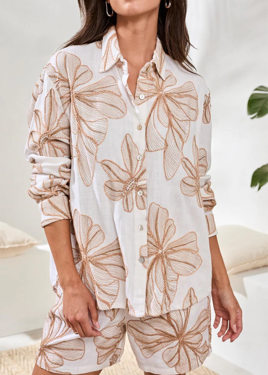 Embroidered Crosshatch Button Front Blouse