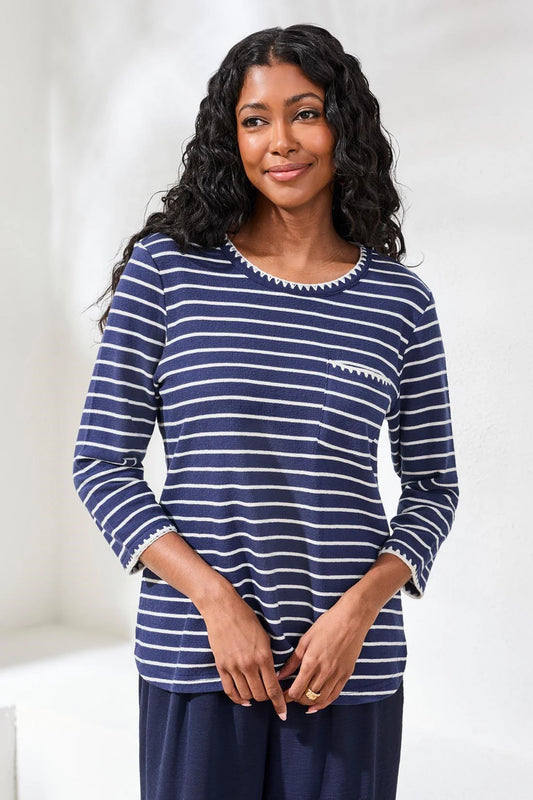 Textured Stripe Knit 3/4 Sleeve Crew Neck Top