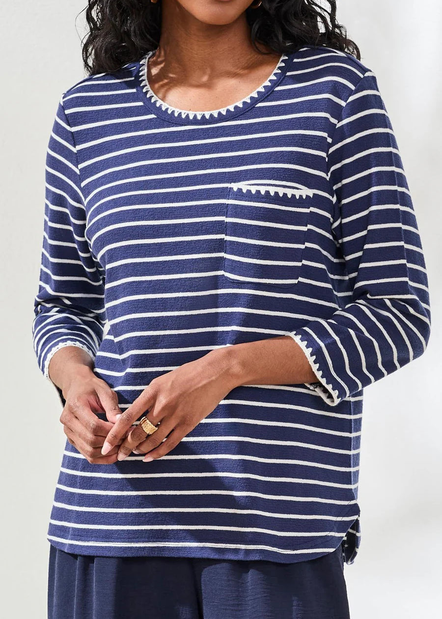 Textured Stripe Knit 3/4 Sleeve Crew Neck Top