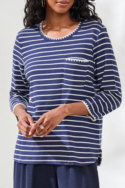 Textured Stripe Knit 3/4 Sleeve Crew Neck Top