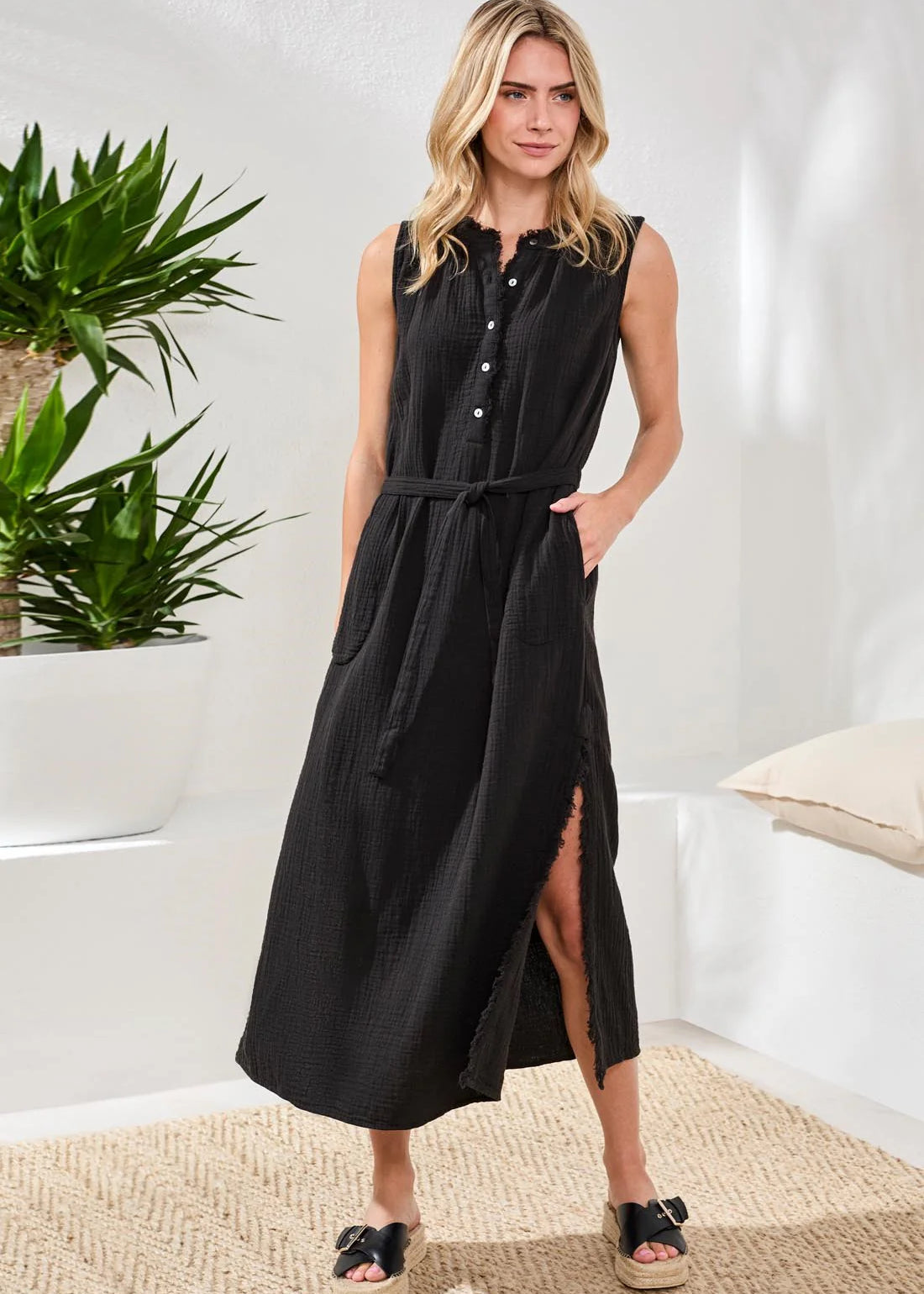 Crinkle Gauze Button Front Belted Midi Dress
