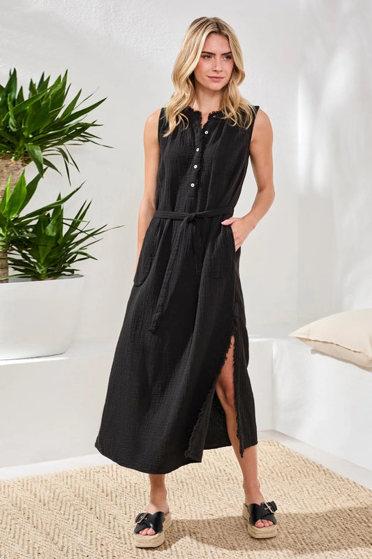 Crinkle Gauze Button Front Belted Midi Dress