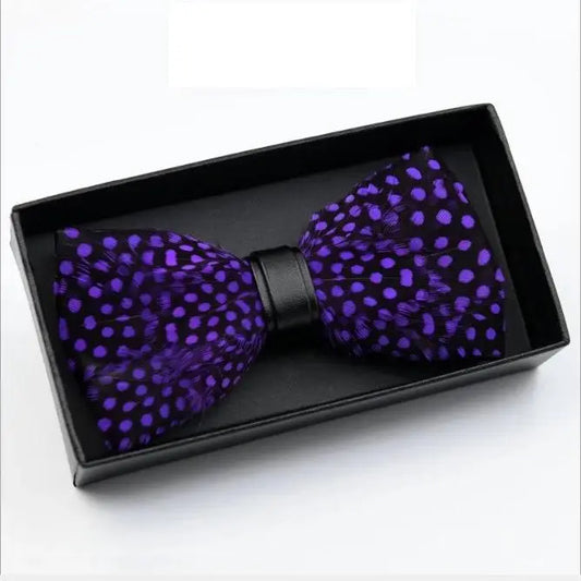 Handmade Purple Polka Dot Feather Bow Tie