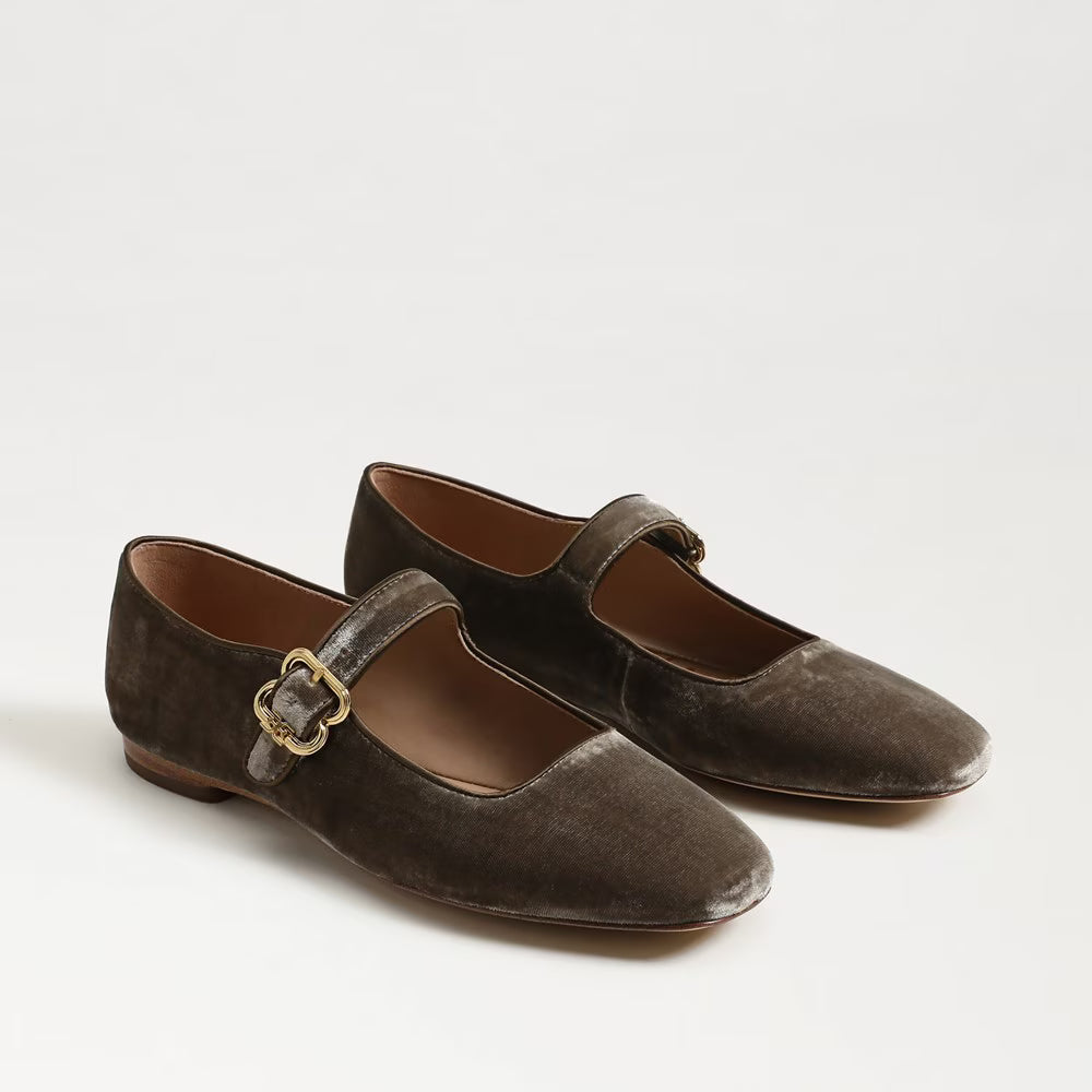 Michaela Mary Jane Flat | Dark Silver Sage Velvet