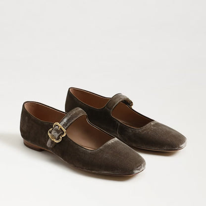 Michaela Mary Jane Flat | Dark Silver Sage Velvet
