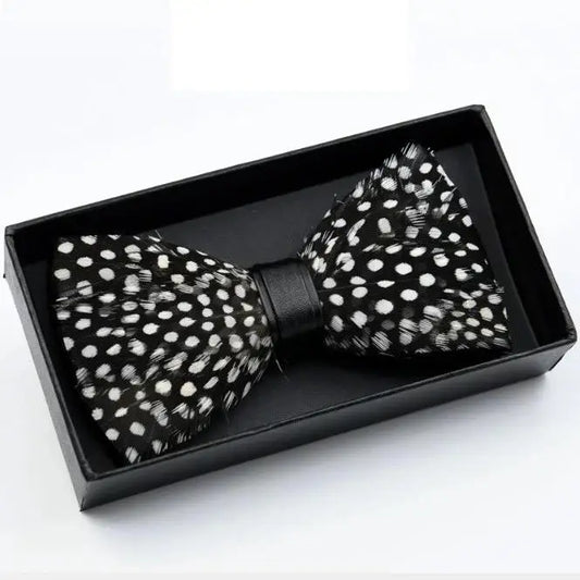 Hand Made Natural Bird Feather Polka Dot Exquisite Bow Tie