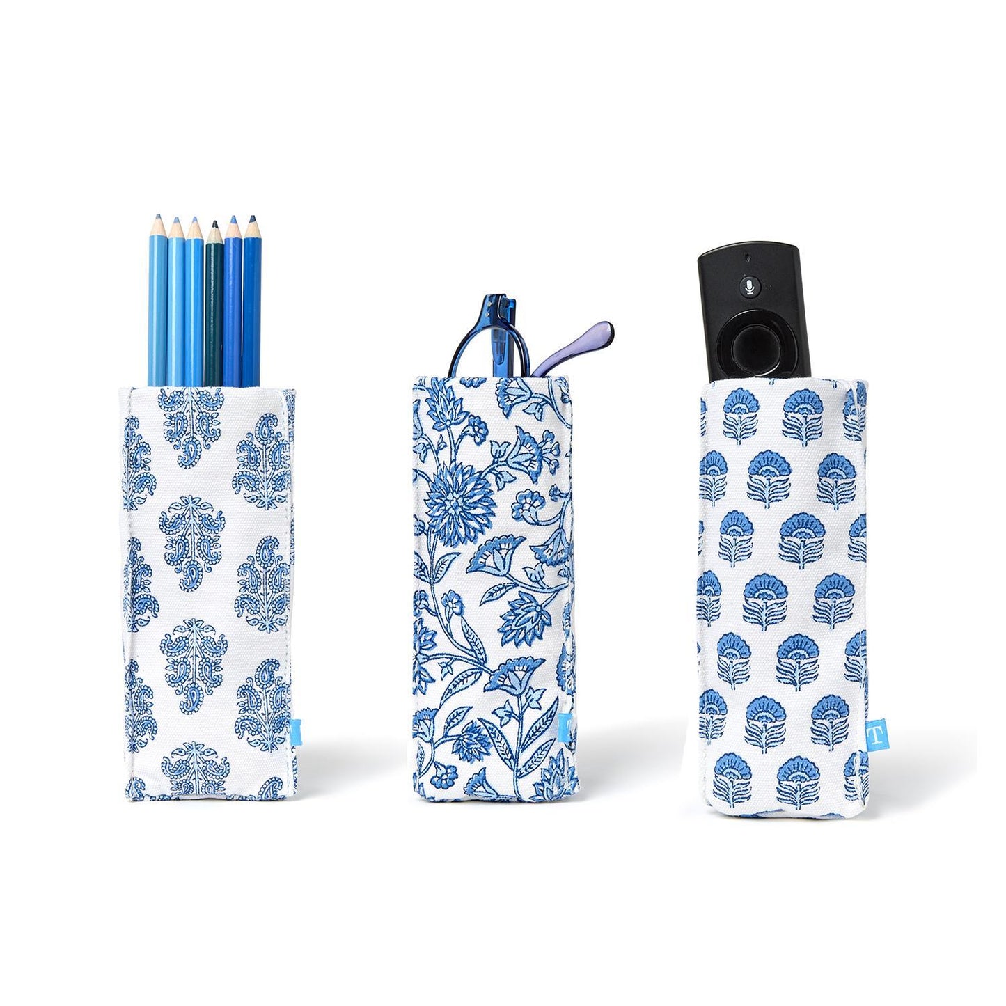 "Looking Good" Blue Block Print Standing Triangular Weighted Eyeglasses Holder in Gift Box