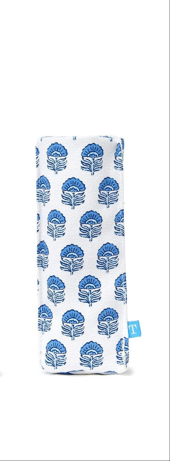 "Looking Good" Blue Block Print Standing Triangular Weighted Eyeglasses Holder in Gift Box