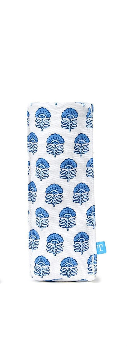 "Looking Good" Blue Block Print Standing Triangular Weighted Eyeglasses Holder in Gift Box