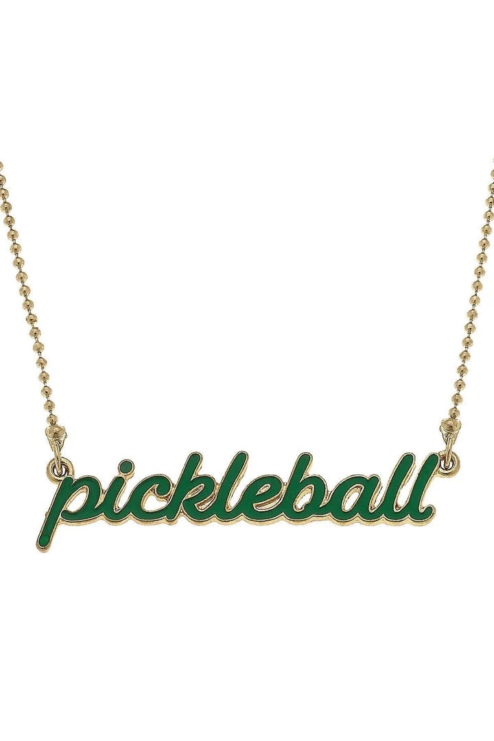 Ellie Pickleball Enamel Script Necklace in Green