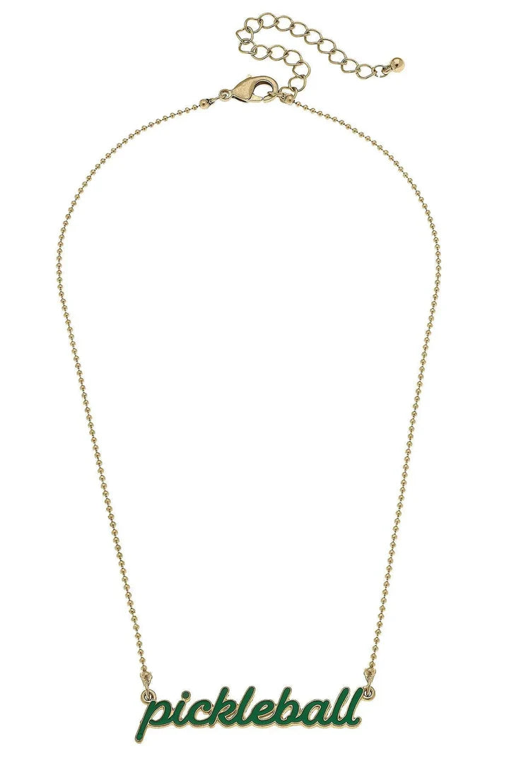 Ellie Pickleball Enamel Script Necklace in Green