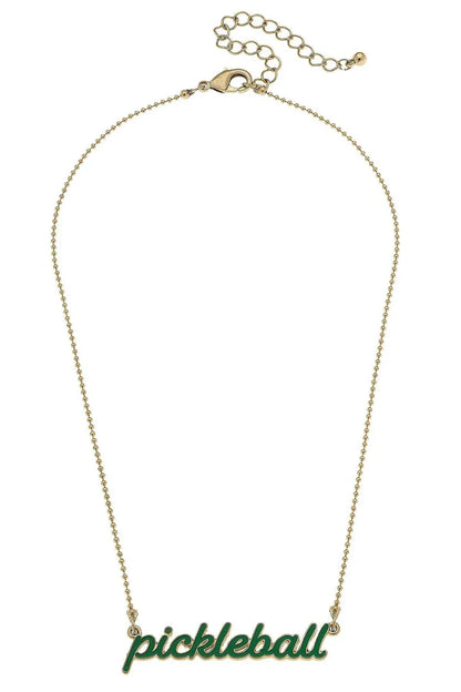 Ellie Pickleball Enamel Script Necklace in Green