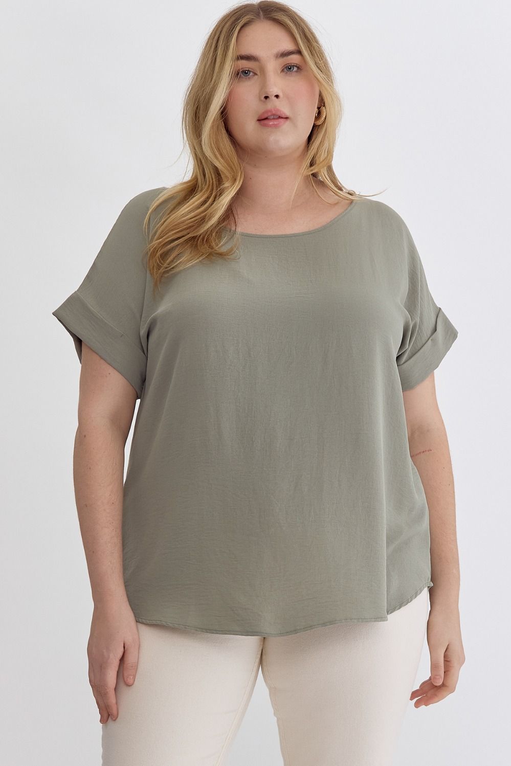 Rolled Sleeve Scoop Neck Blouse