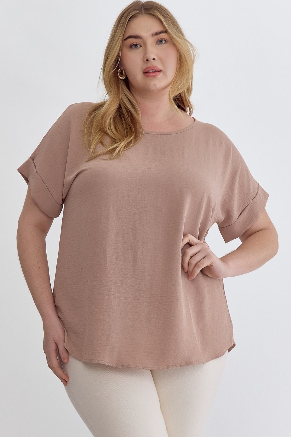 Rolled Sleeve Scoop Neck Blouse