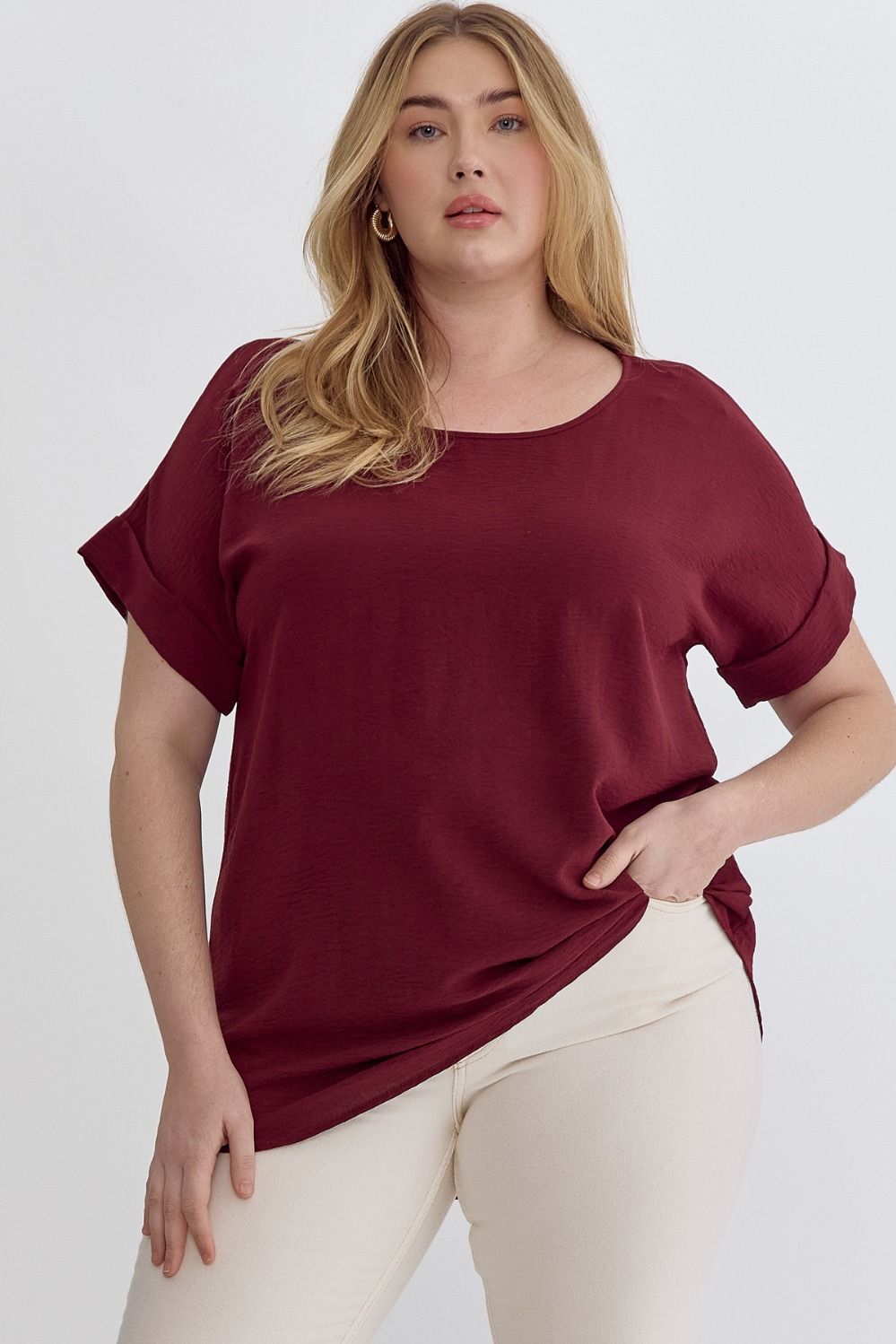 Rolled Sleeve Scoop Neck Blouse