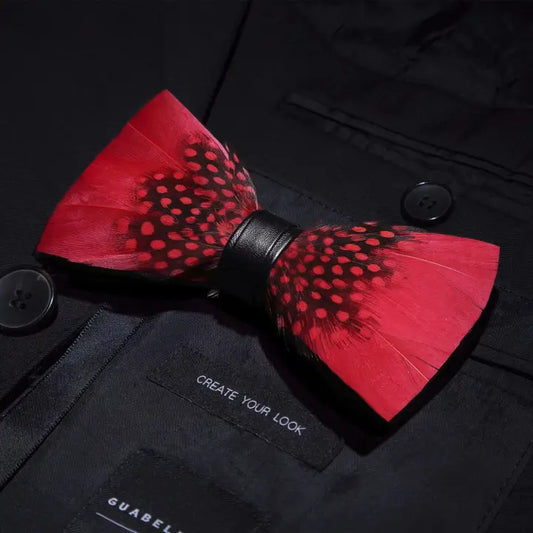 Handmade Red Polka Dot Feather Bow Tie