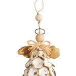 A rustic Christmas angel ornament made from natural wood beads, a jute hanging loop, gold-painted wings, and white oyster shell petals with gold trim arranged like a bell.