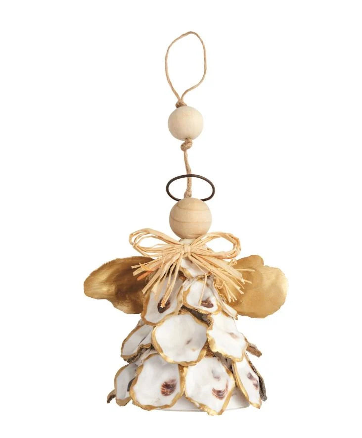 A rustic Christmas angel ornament made from natural wood beads, a jute hanging loop, gold-painted wings, and white oyster shell petals with gold trim arranged like a bell.