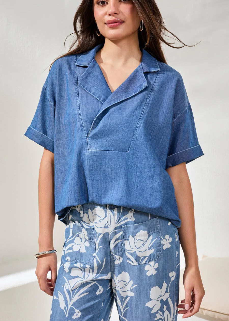 Flowy Popover Denim Short Sleeve Shirt
