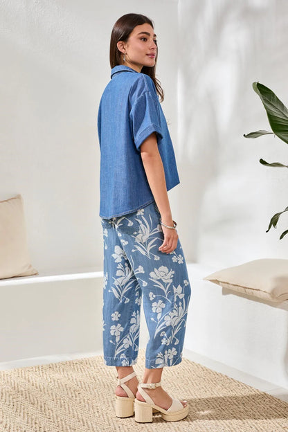 Flowy Popover Denim Short Sleeve Shirt