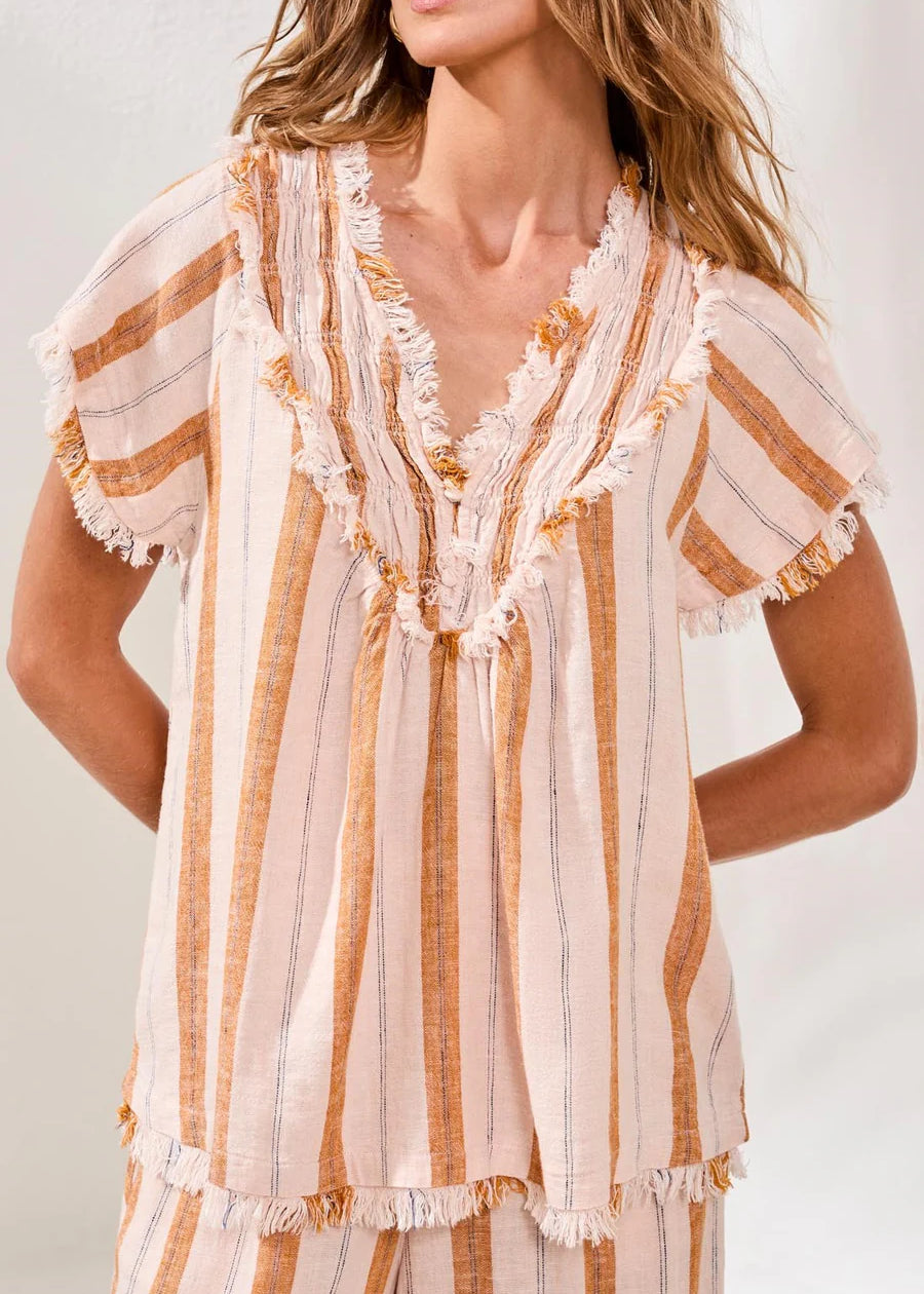 Textured Linen Smocked V-Neck Blouse