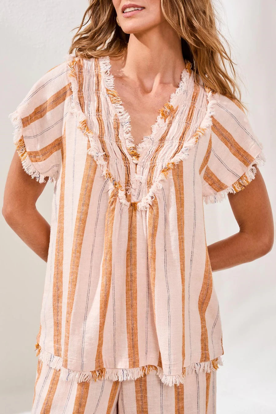 Textured Linen Smocked V-Neck Blouse