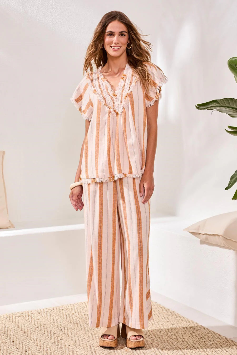 Textured Linen Smocked V-Neck Blouse