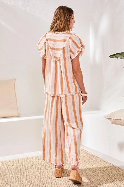 Textured Linen Smocked V-Neck Blouse