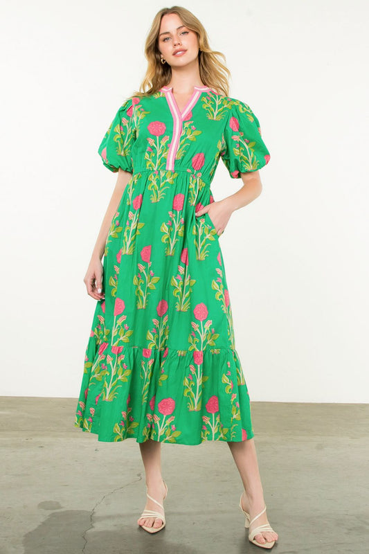Puff Sleeve Flower Print Maxi Dress