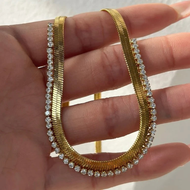 Rhinestone Herringbone Necklace | Gold with Diamonds