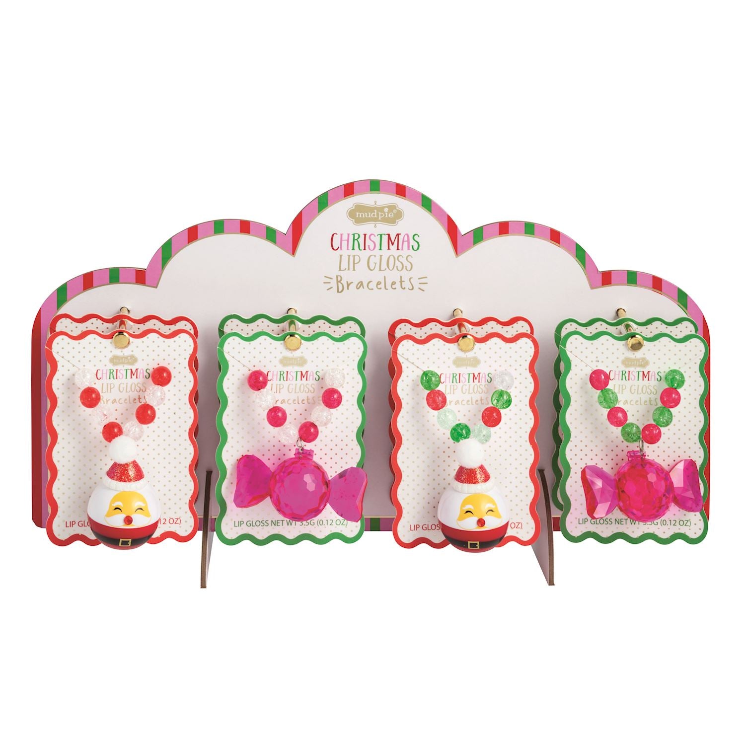 Four Christmas-themed lip gloss bracelets displayed on a decorative stand. The bracelets feature red and green bead garlands, a Santa face charm, and a pink bow charm, with the brand name 'Gloria' visible on the packaging.