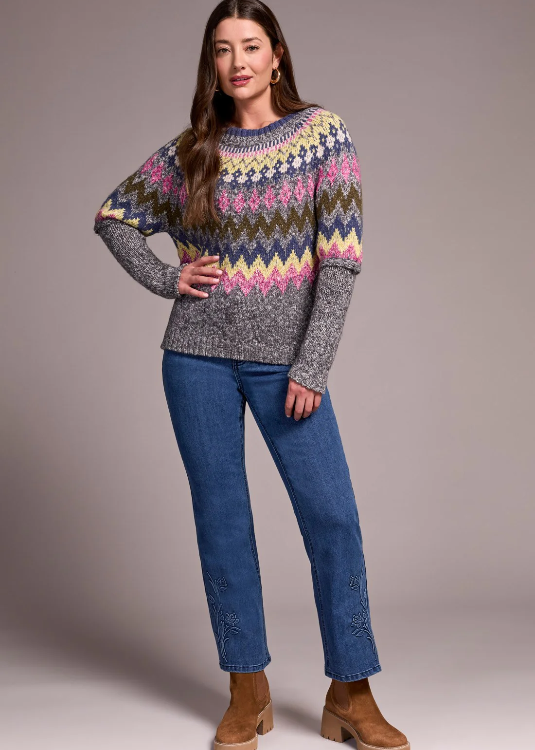 Intarsia Ribbed Long Sleeve Sweater